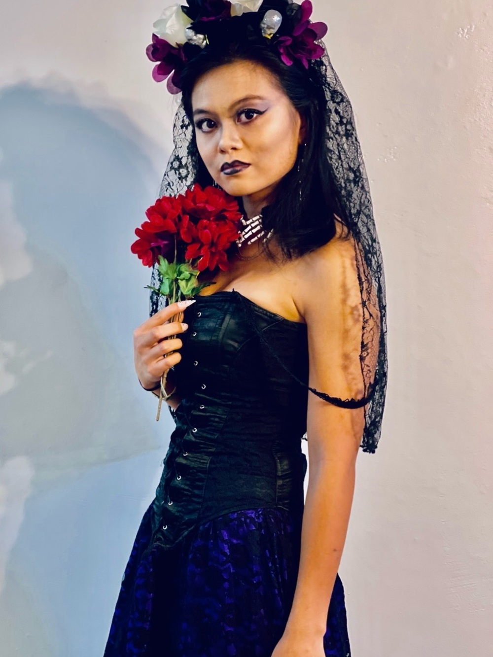 Strapless Black Corset Dress with Deep Purple Skirt